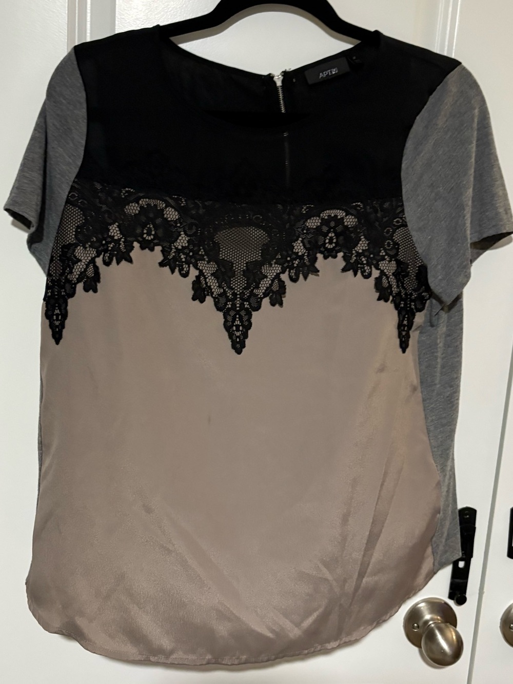 Apt. 9 Taupe, Black and Gray Lace-Trim Short Sleeve Top